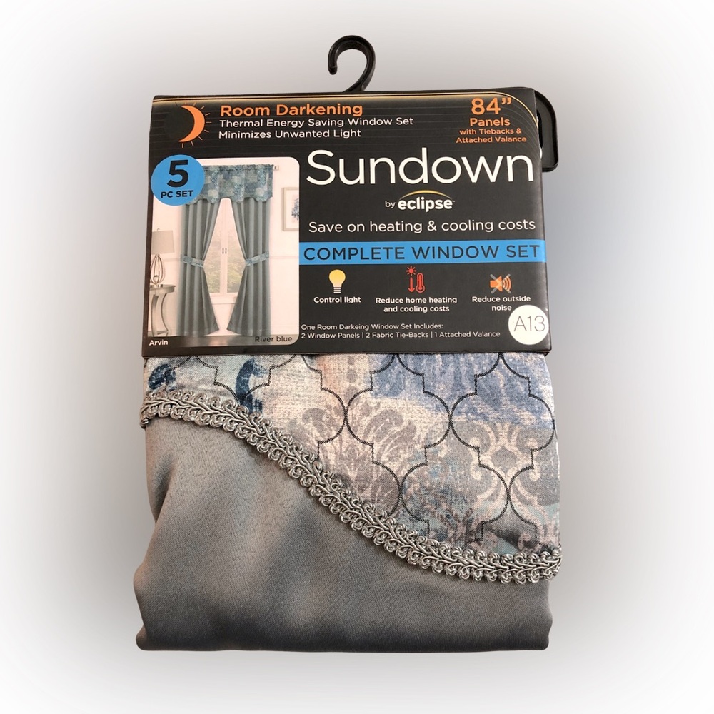 NWT Eclipse Sundown Complete Window Set – River Blue, Room Darkening – 5 Pc Set